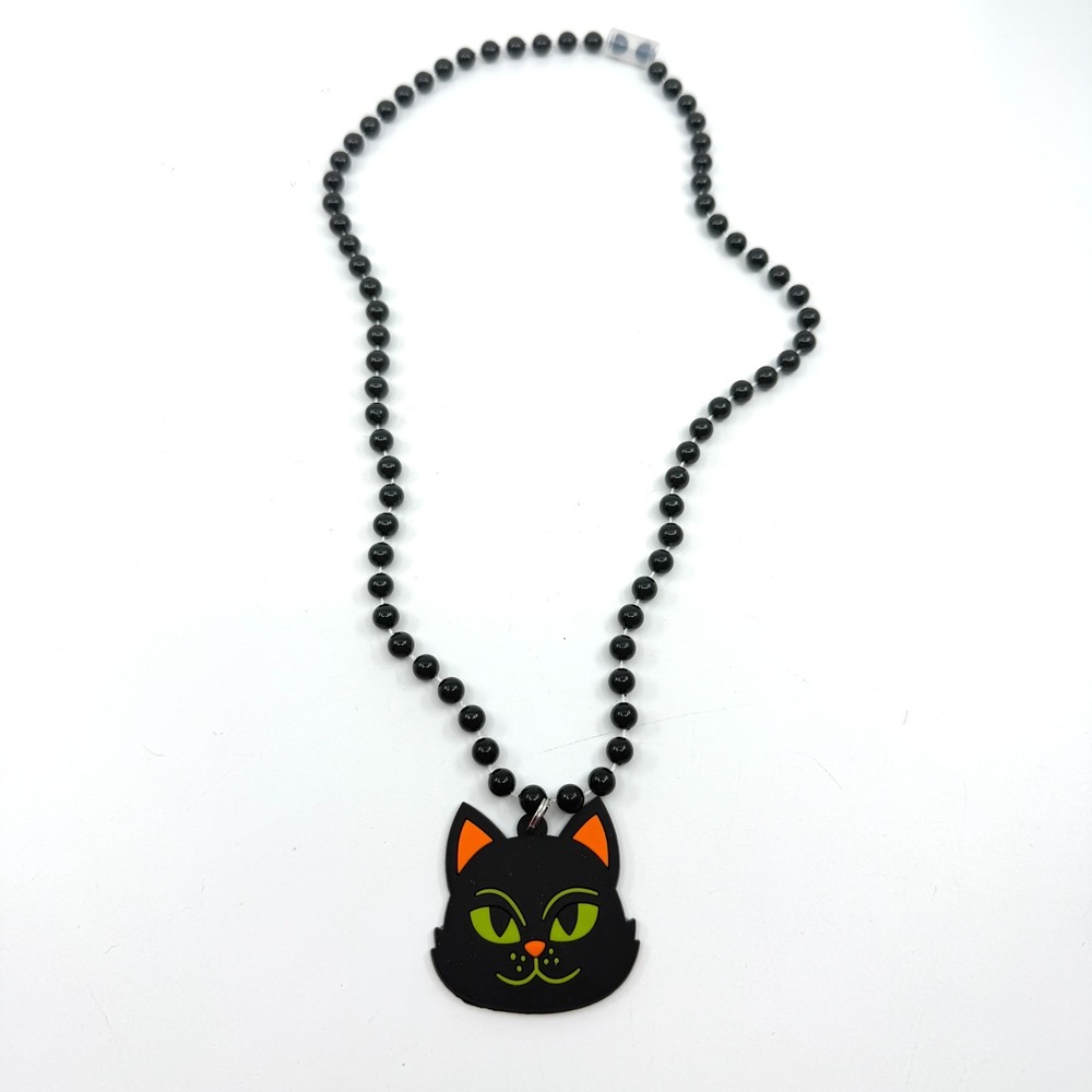 Gothic Black Cat Pendant Necklace Beaded Kitsch Halloween Boho Gift